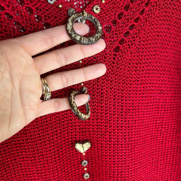 Vintage BCBGMAXAZRIA Sweater Size L Red with Wooden Beads Y2K Boho Twee - Picture 5 of 7